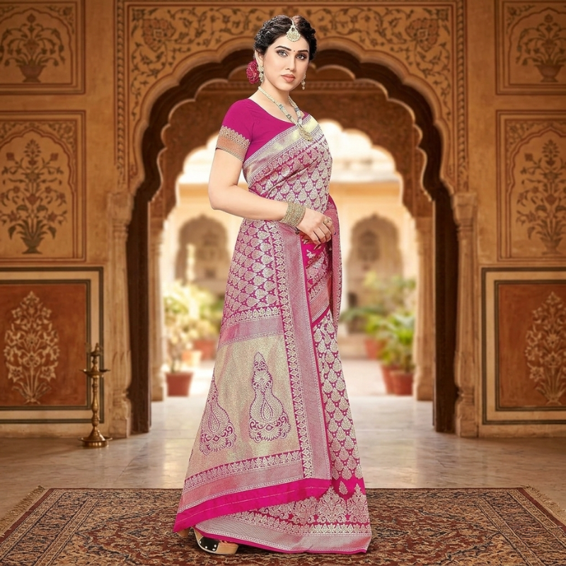 Banarasi Kanjivaram Navy Art Silk Saree - Image 3