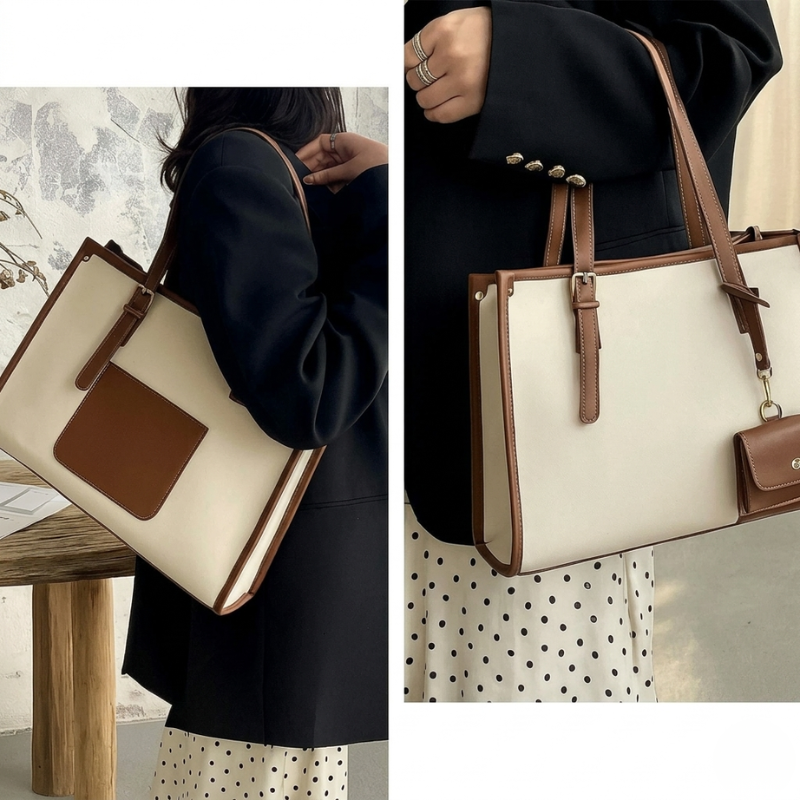 Elegant Dual-Tone Office Tote Handbag - Image 2