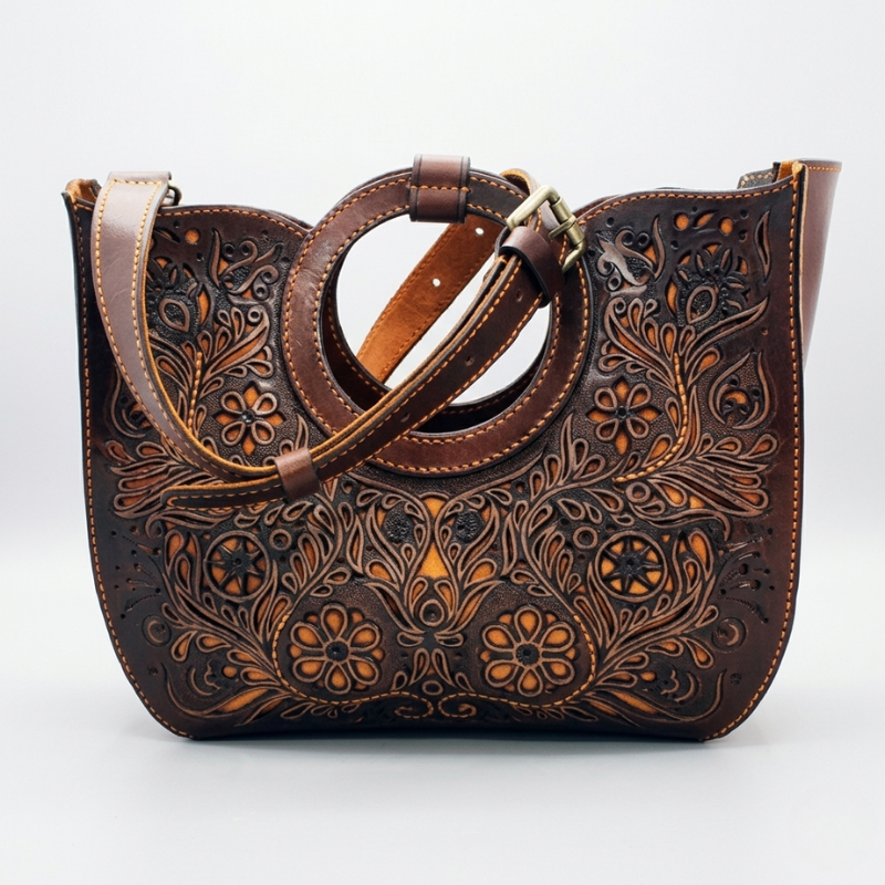 Vintage Carved Leather Tote Handbag
