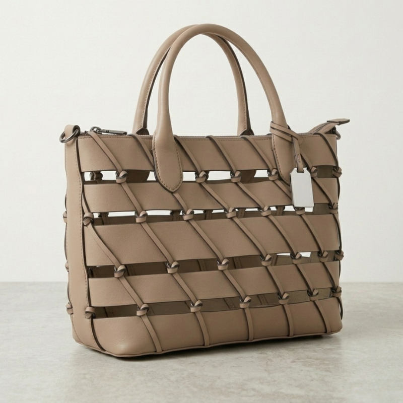 Beige Grid Tote Bag - Image 2